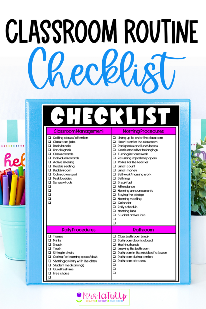 classroom routine checklist for classroom management, morning procedures, daily procedures, and bathroom procedures for kindergarten