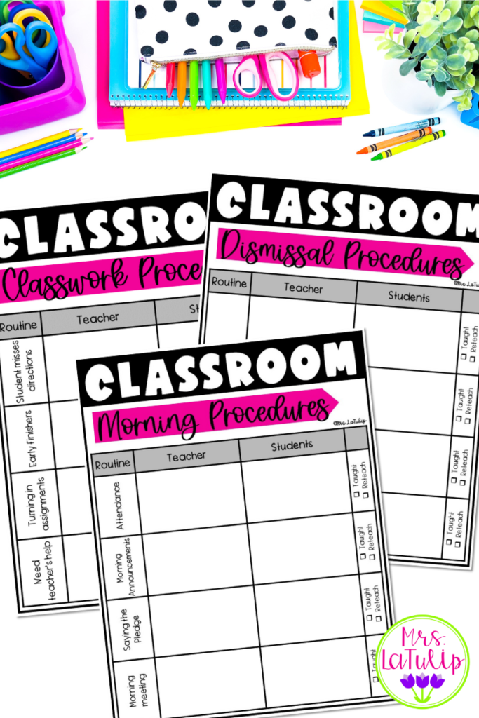 classroom procedure planning sheets for classroom dismissal procedure, morning procedures, classwork procedure