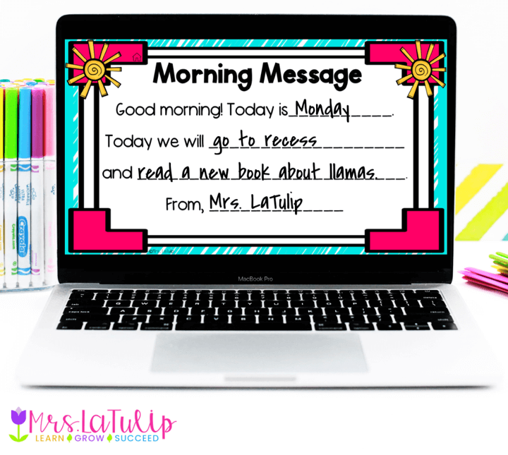 Morning meeting message on a digital slide showing a brief message for students.