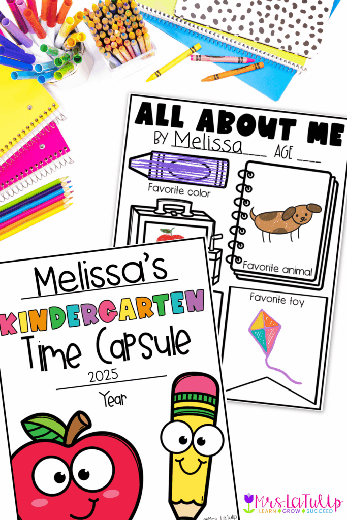 idea for the 1st day of kindergarten-getting to know you activity called a time capsule that is created using paper and crayons or markers 