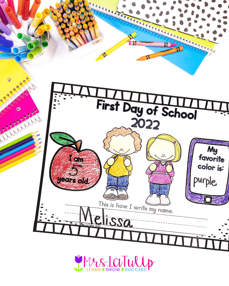 1st day in kindergarten coloring sheet with student name, age, favorite color and the year