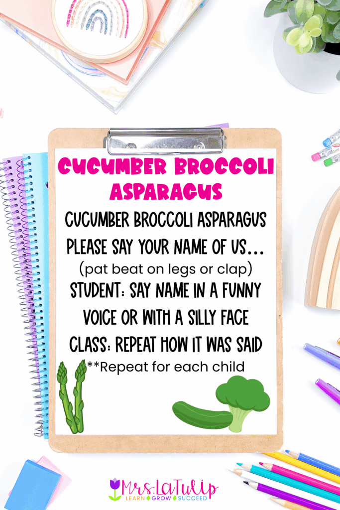 a song to learn student/classmates names with funny song (Cucumber, Broccoli, Asparagus)