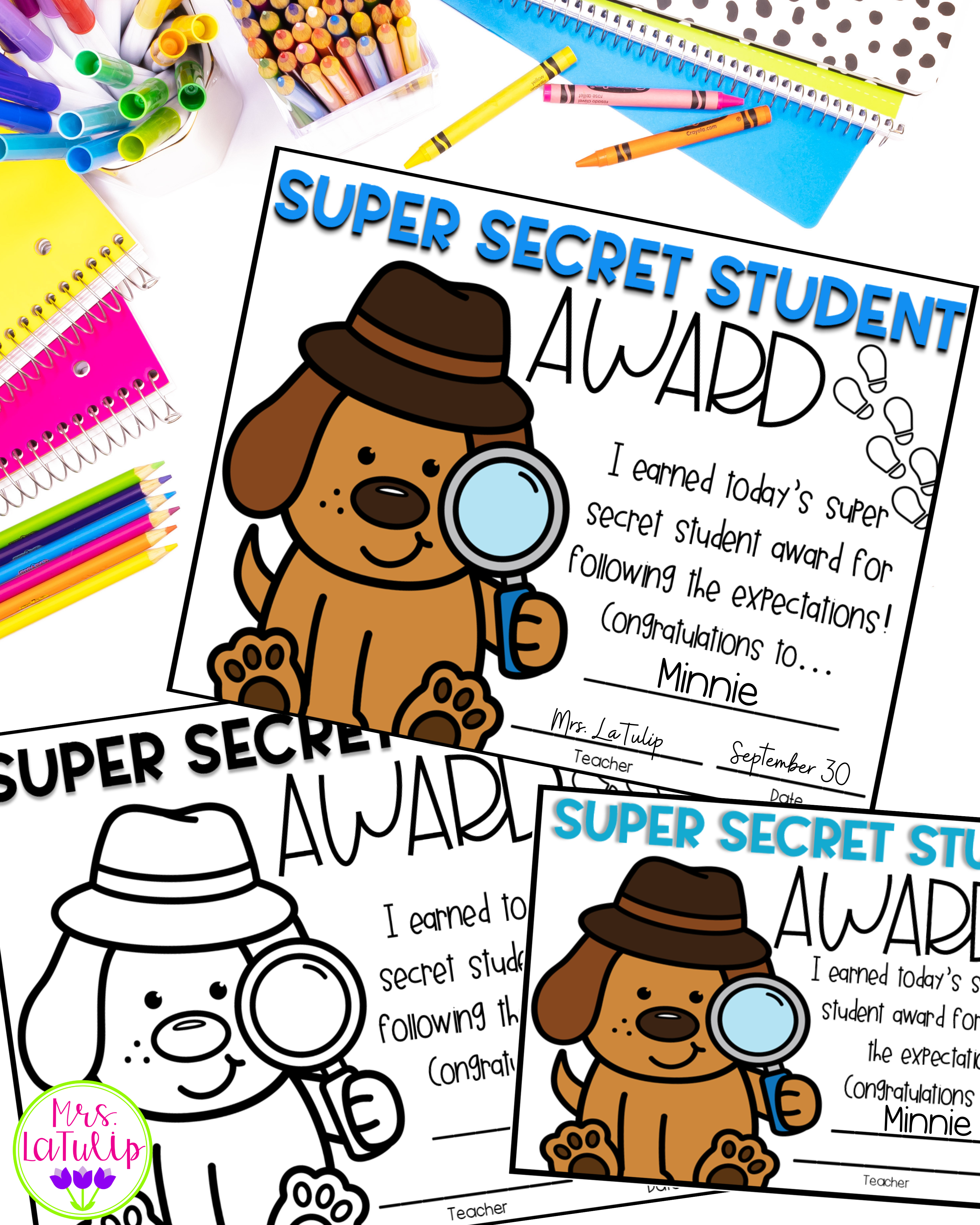 3 variations of an award for the super secret student with a dog holding a magnifying glass.