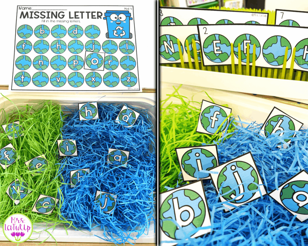 Classroom Earth Day activities literacy missing letter work mat and tasks cards with a sensory bin