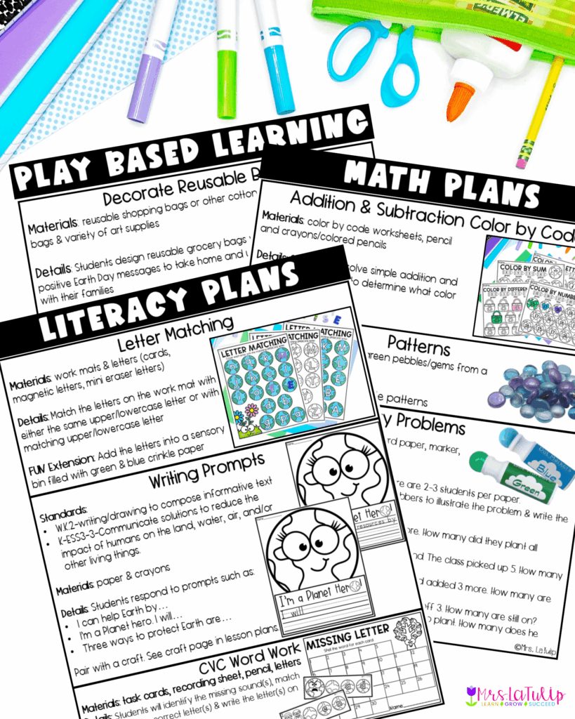 Earth Day Lesson plans for kindergarten with literacy, math, science and play based activities 